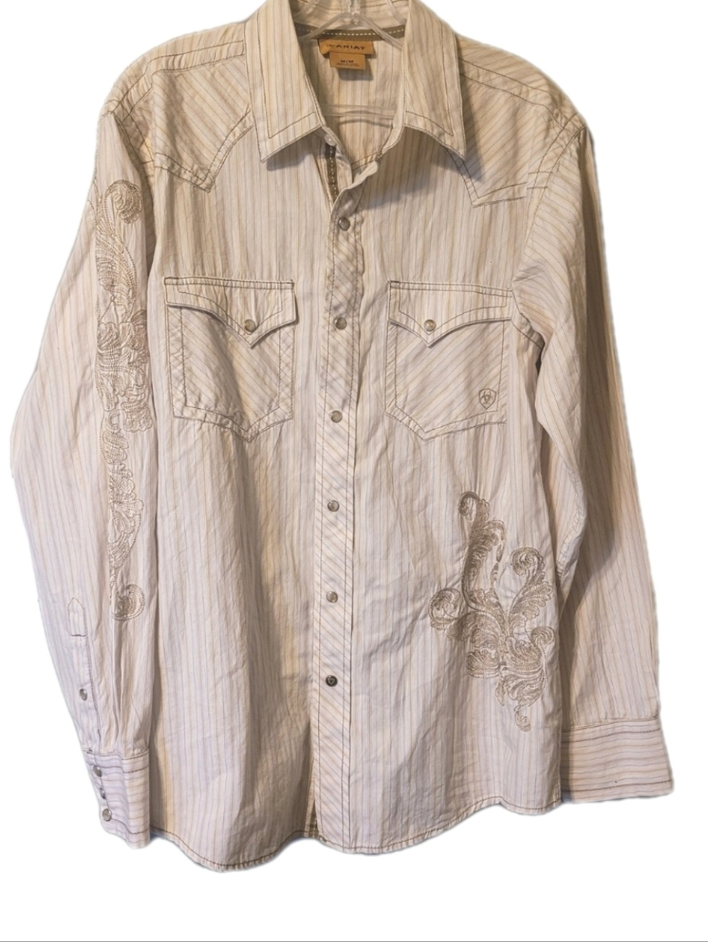 Ariat Shirt Striped Embroidered Pearl Snap Yoke Western Rodeo Cowboy Mens Sz M